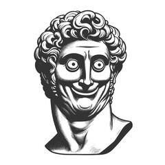 bust of an ancient Greek statue with curly hair, wide eyes, and exaggerated comic smile for humorous effect sketch engraving generative ai raster illustration. Scratch board. Black and white image.