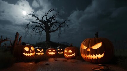 Spooky Halloween night scene with glowing jack-o'-lanterns under a full moon, perfect for holiday promotions and eerie themed events