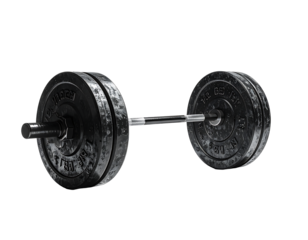 A black, textured barbell with weights on each end, angled slightly, isolated on a black background