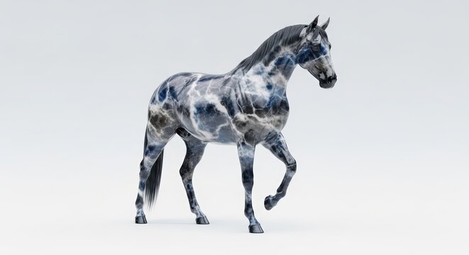A majestic horse with a swirling, marbled coat of dark blues and whites, standing against a plain white background.