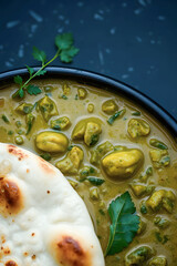 a vibrant bowl of rich, yellow-green curry with tender chicken pieces and fresh cilantro, served alongside a piece of fluffy, charred naan bread, perfect for a hearty meal.