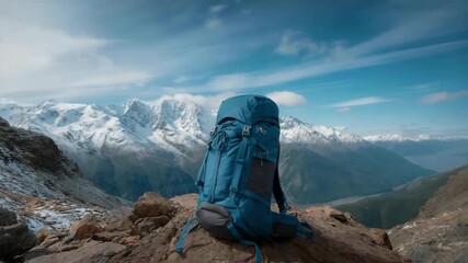 Dynamic blue hiking backpack resting atop a rugged mountain peak with stunning snow-capped mountain views in the background under a vibrant blue sky - Powered by Adobe