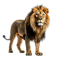 Obraz premium Majestic male lion, tawny mane, muscular build, alert expression, standing against a black background