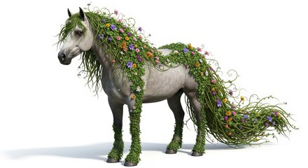 Fototapeta premium A majestic white horse adorned with lush green vines and colorful wildflowers, symbolizing nature's beauty and untamed spirit.