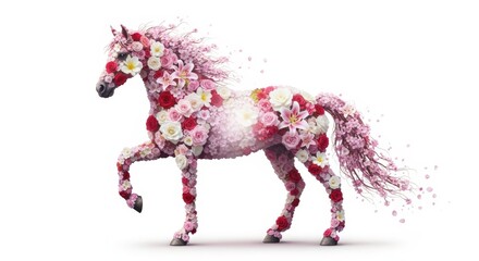 A majestic horse sculpture artfully crafted entirely from a vibrant assortment of pink and red flowers, set against a clean white background.