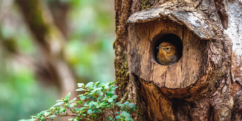 Small bird peeking out from a rustic wooden birdhouse on a tree trunk in a lush forest. Natural light and shallow depth of field create a serene woodland scene.