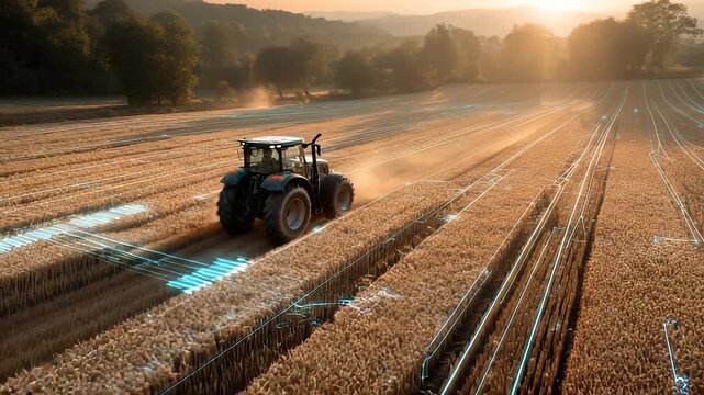 Field glows with data lines as smart tractor moves through soil. Technology leads machine across crop zone. Precision farming collects soil data and boosts smart crop technology and field control