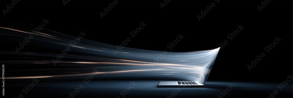 Poster futuristic data stream emanating from laptop in dark environment
