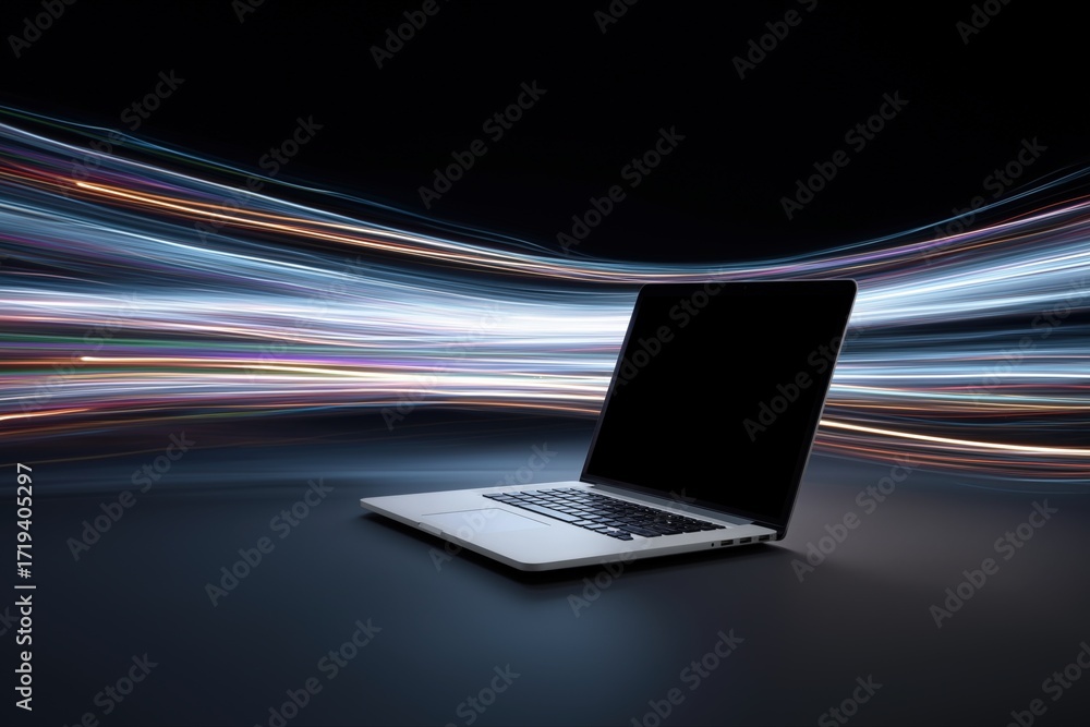 Poster laptop in dynamic light streaks displaying speed and innovation