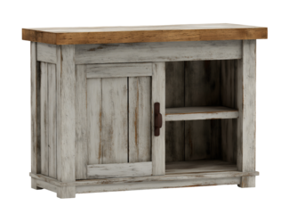 Cabinet with weathered gray painted wood base open shelving and closed door compartment isolated on transparent background.