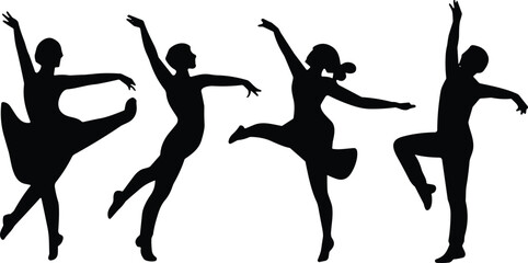 Ballet dancer silhouette icons, graceful dance poses, black and white design, artistic movement vector, classical performance illustration, elegant choreography graphic set