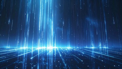 Shimmering blue light particles descending and reflecting, symbolizing vast data streams and interconnected digital networks in an abstract technological landscape