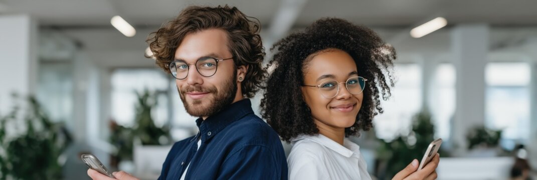 Smiling young adults working in office with smartphones