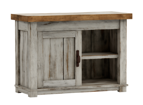 Cabinet with weathered gray painted wood base open shelving and closed door compartment isolated on transparent background. - Powered by Adobe