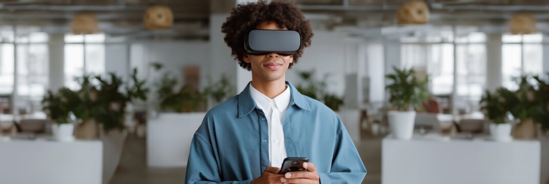 Young african male in virtual reality headset using smartphone in modern office