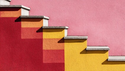 A vibrant, colorful stairway design ascends a wall painted in warm, gradient hues of red, orange, and yellow, culminating in a soft pink backdrop.