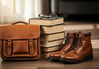 Brown Leather Bag, Boots, and Books with Glasses on Wood Floor