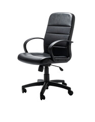 Fototapeta premium Black swivel office chair with padded leatherette seat and back, armrests, and five-point base