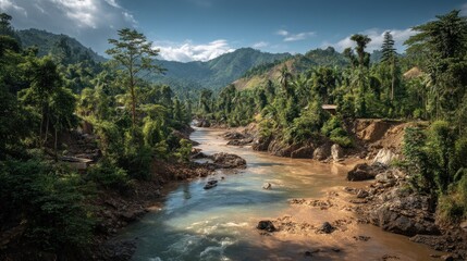 Majestic river winding through dense verdant forest landscape in Southeast Asia
