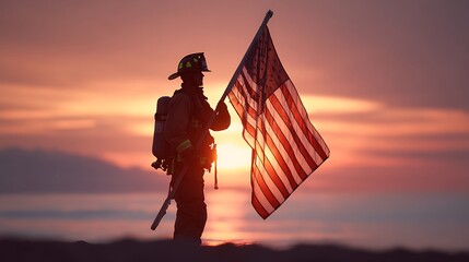 A firefighter holding the American flag with a sunset backdrop, symbolizing strength, resilience, and patriotism, perfect for celebrating Fathera??s Day.