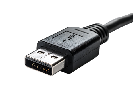 Close-up of a black mini-USB cable connector, showcasing its metallic pins and molded plastic housing against a dark background