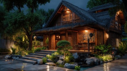 Obraz premium Serene tropical retreat: A traditional thatched roof villa at night