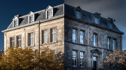 Day and night facade of historic building with dual lighting conditions