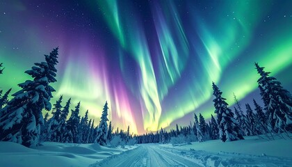 Fototapeta premium Vibrant aurora borealis paints the tranquil night sky with ethereal light, casting a magical glow over a pristine snow-covered forest and winding path in a breathtaking winter landscape