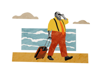 Composite photo collage of serious overweight belly man walk resort beach carry suitcase vacation relax isolated on painted background