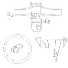 Vector top view kids on playground, swing, slide and roundabout, CAD illustration set