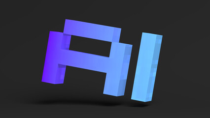AI text isolated on dark gray background. Artificial intelligence. Blue and violet color. Pixel. Glassmorphism. 3d illustration.