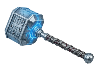 A detailed, three-quarter view of a magnificent, powerful, enchanted hammer with intricate runes and glowing energy.
