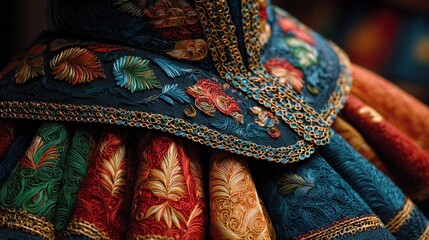 Intricate hand-stitched embroidery displaying vintage style garment design