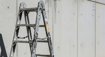Metal ladder leaning against concrete wall with paint stains  