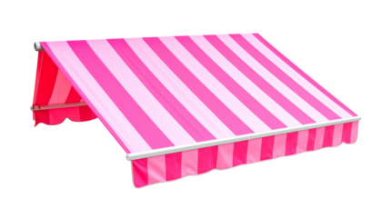 A vibrant pink and white striped awning designed to provide shade and add a decorative touch to outdoor spaces.