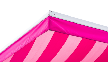 A vibrant pink striped awning with a sleek design, showcasing a modern aesthetic against a contrasting black background.