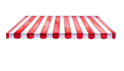 A vibrant striped awning featuring alternating red and white colors, designed to provide shade and enhance outdoor spaces.