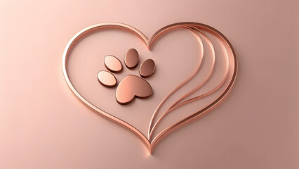 Heart with paw print metallic design symbol of pet love and care
