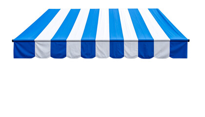 A blue and white striped awning designed for outdoor shade and protection from the elements.