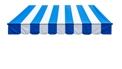 A blue and white striped awning designed for outdoor shade and protection from the elements.