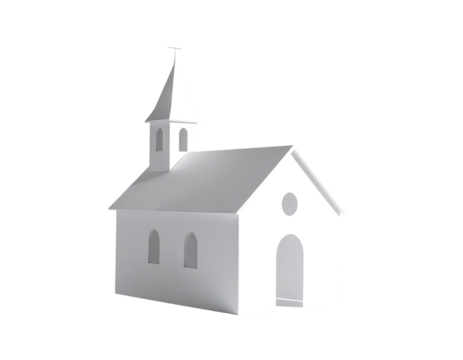 A simple, white, 3D model of a small church with a steeple, arched windows, and a single arched entrance