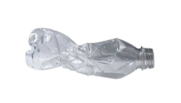A crumpled plastic water bottle with a twisted shape, showcasing its discarded state and texture.