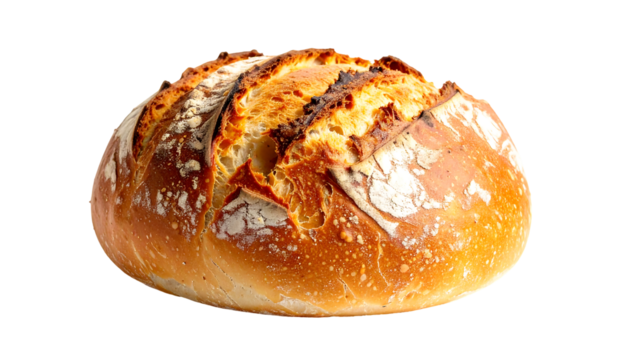 Rustic sourdough boule with a deeply golden-brown crust, exhibiting characteristic cracks and scoring