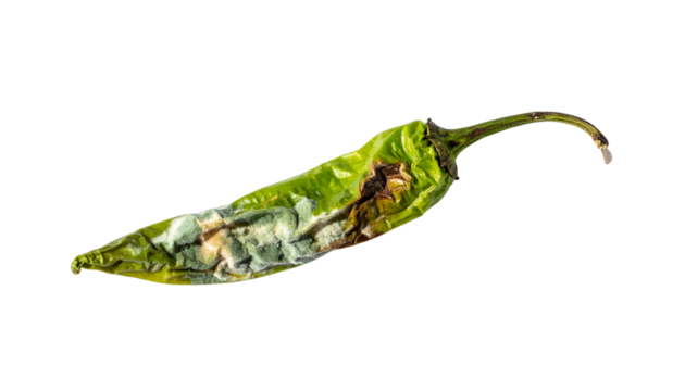A detailed view of a green chili pepper showing signs of decay and mold, highlighting its texture and color variations.
