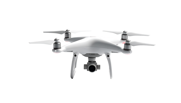 A sleek, white quadcopter drone with four rotors, a downward-facing camera, and subtle detailing