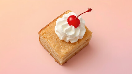 Square vanilla cake with whipped cream and cherry on pastel pink background