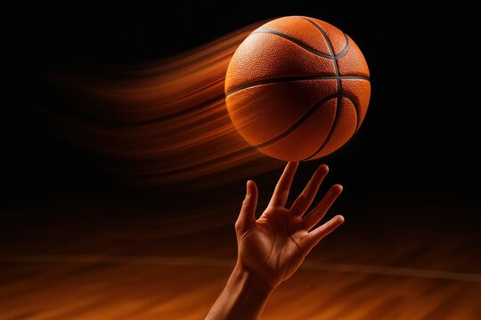 Player spinning basketball in motion. Use for training, skill, youth sports and motivational fitness