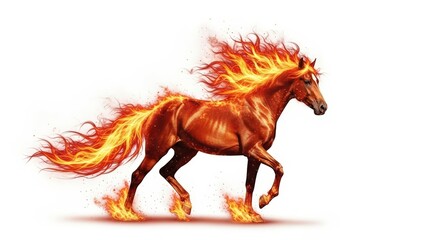 A majestic fiery horse with a flaming mane and tail trotting on an isolated white background.
