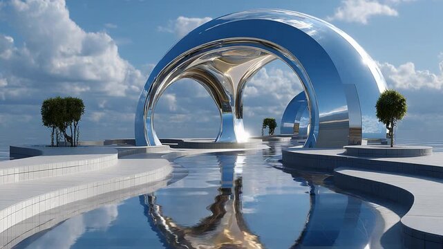 Modern Architectural Oasis: A sleek, futuristic architectural marvel with a reflective, mirror-like surface, reflecting the sky and surrounding environment.
