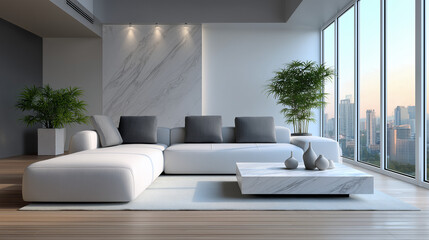 The image shows a modern minimalist living room featuring a sleek white sectional sofa with dark gray cushions, a low marble coffee table with decorative vases, and large floor-to-ceiling windows offe